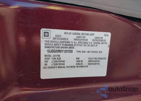 2000 GMC Savana Standard from USA, damaged, VIN 1GJGG29R0Y1207235